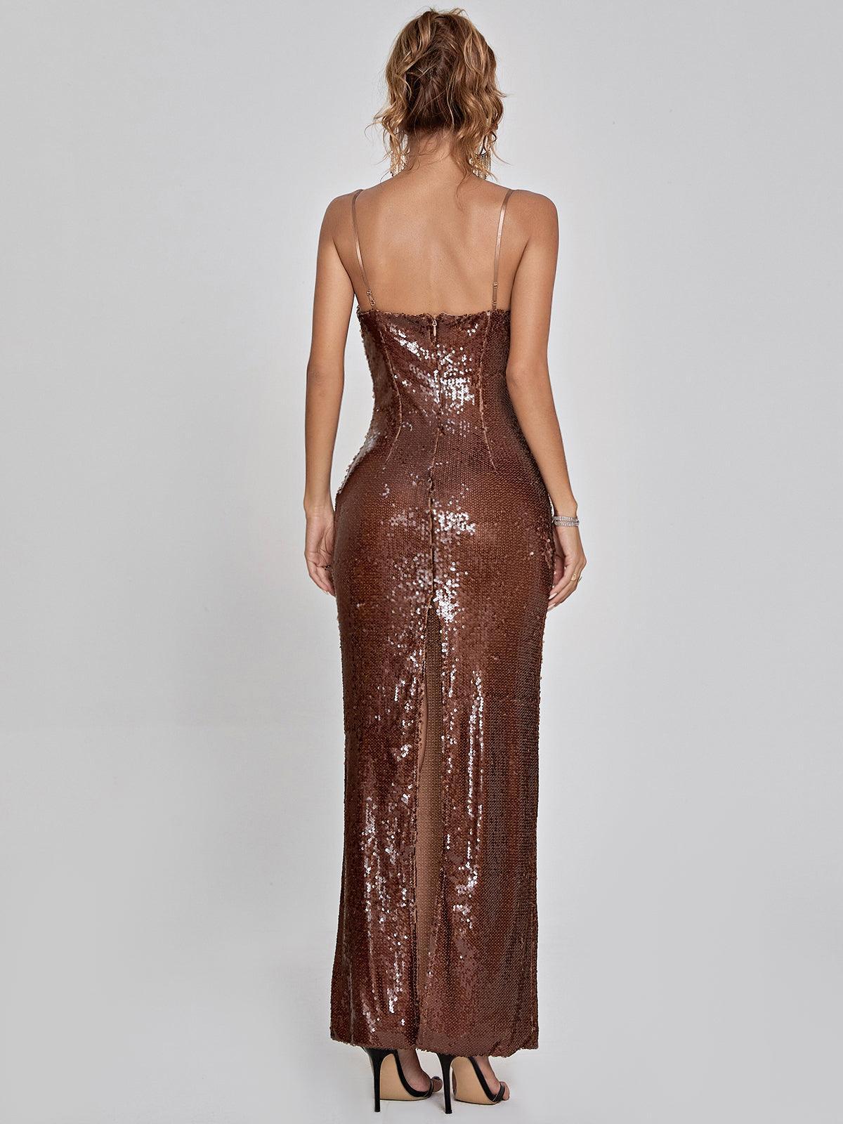 Spaghetti Strap Sweetheart Rosette Sequin Bodycon Maxi Dress