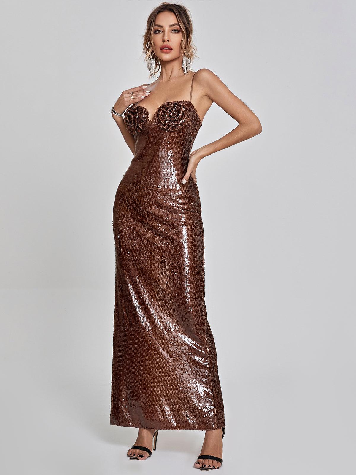 Spaghetti Strap Sweetheart Rosette Sequin Bodycon Maxi Dress