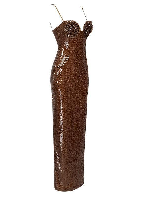 Spaghetti Strap Sweetheart Rosette Sequin Bodycon Maxi Dress