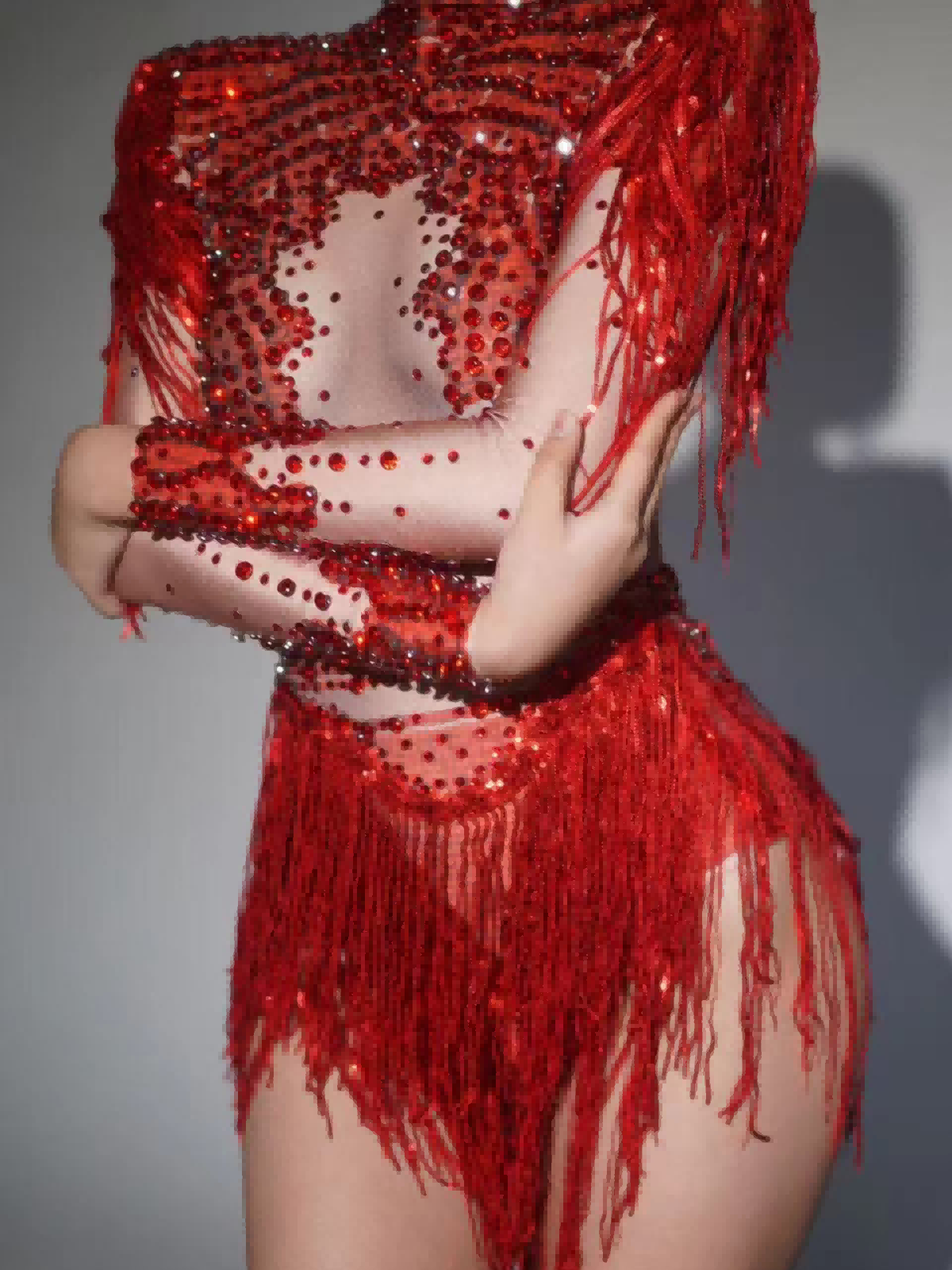 Rhinestone Fringe Bodysuit In Red