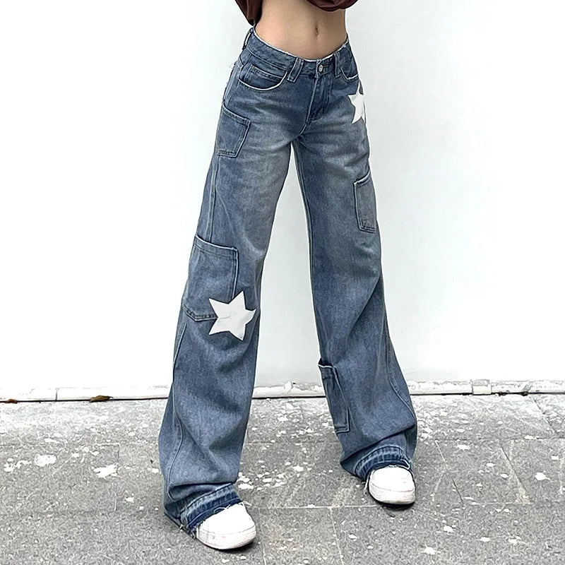 Low Rise Flared Retro Star Print Pockets Distressed Burr Y2K Streetwear Denim Jean