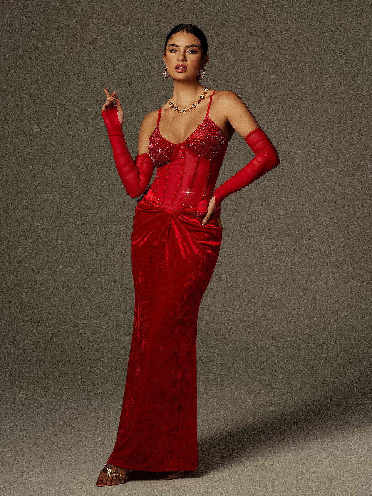 Spaghetti Rhinestone Ruched Velvet Maxi Dress