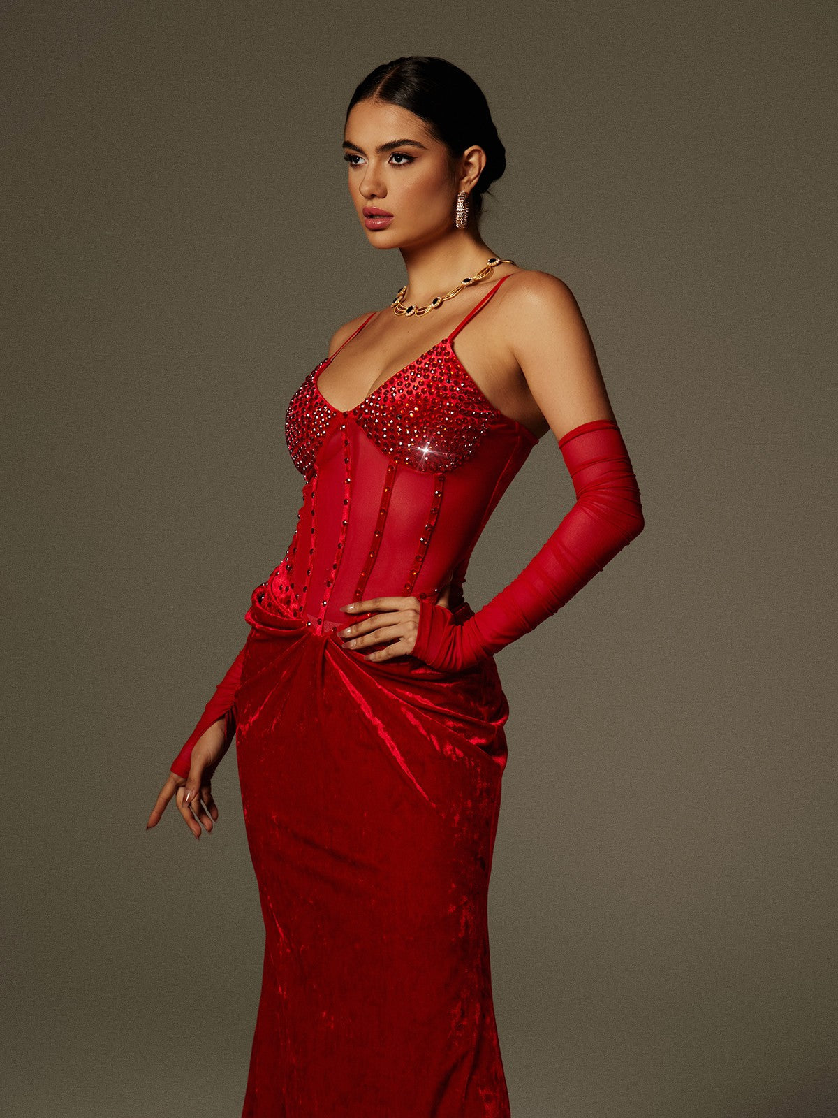 Spaghetti Rhinestone Ruched Velvet Maxi Dress