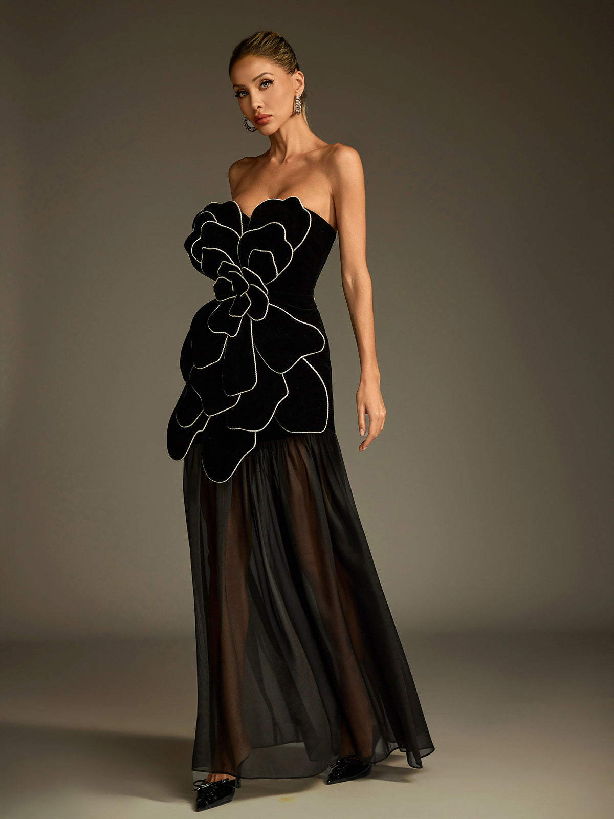 Strapless Flower Mesh Maxi Dress
