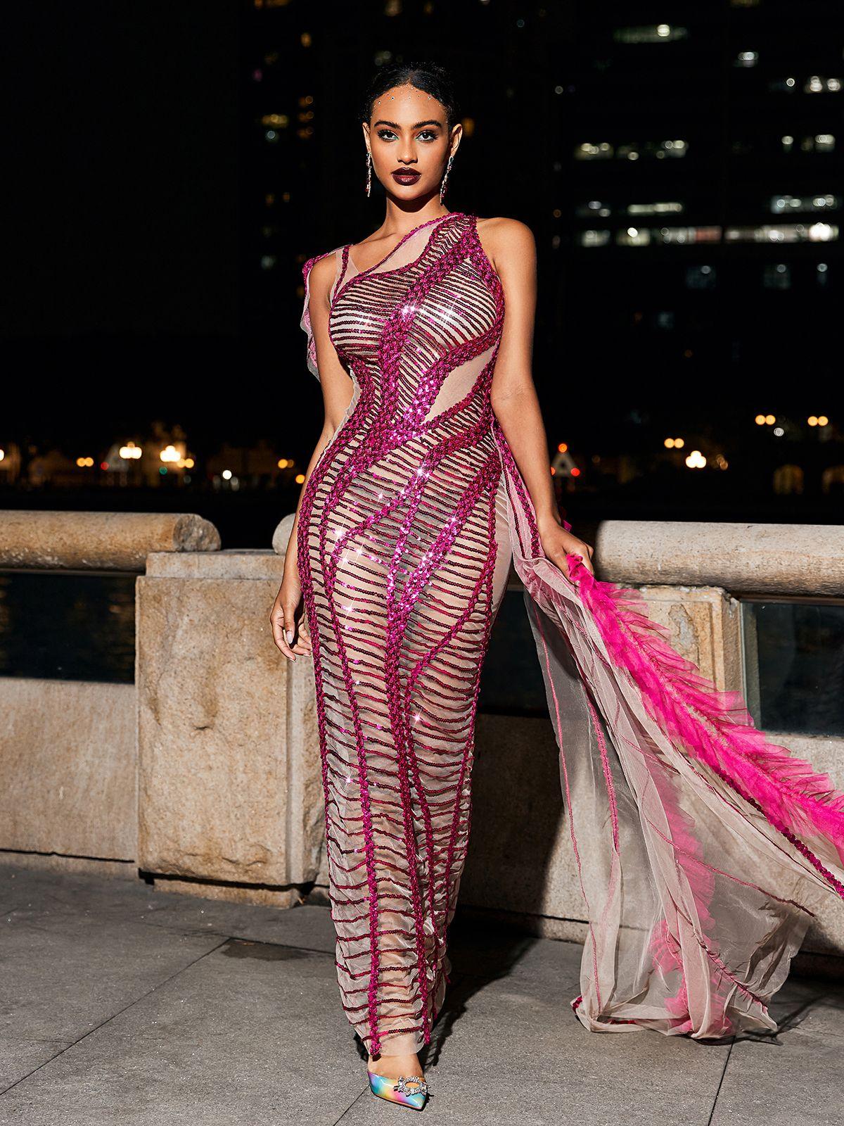 Draped Cutout Sequin Mesh Dress In Hot Pink