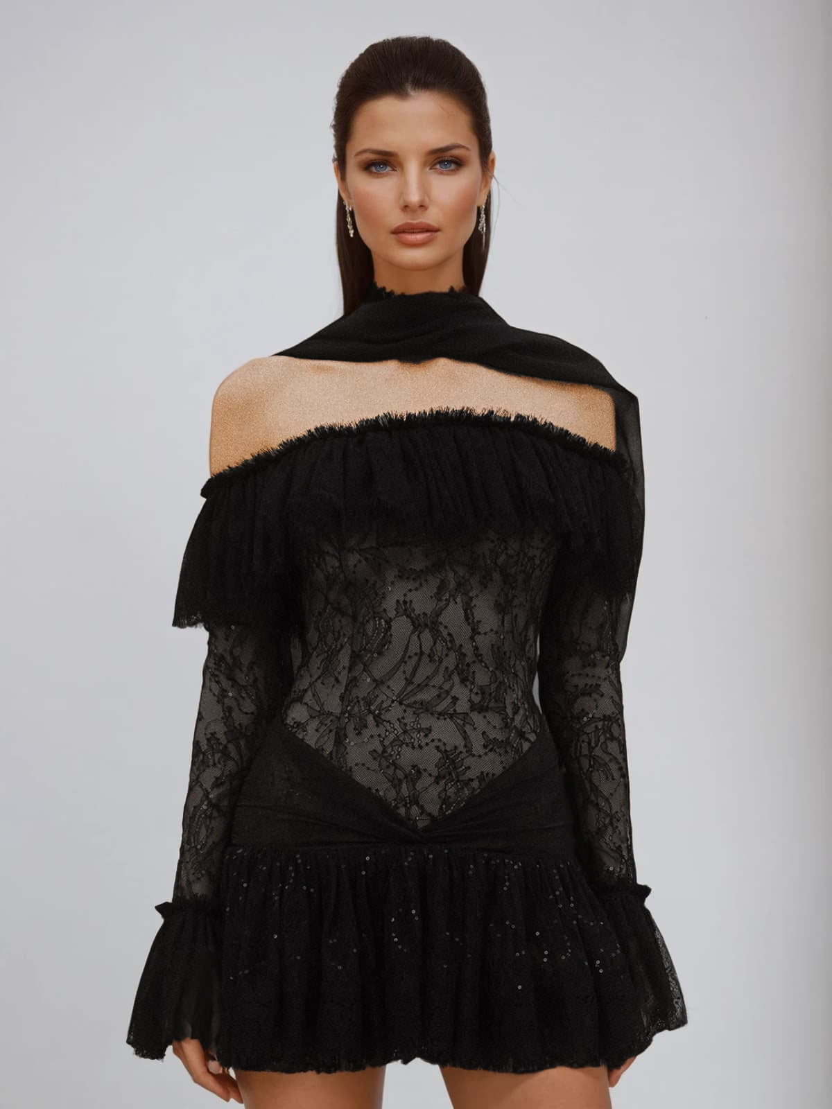 Strapless Scarf Lace Sequin Mini Dress