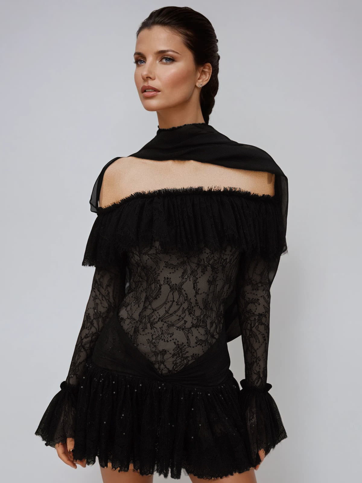 Strapless Scarf Lace Sequin Mini Dress