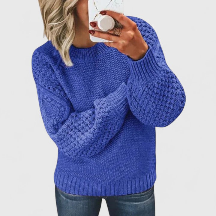 Round Neck Waffle Knit Long Sleeve Ribbed Trim Pullover Sweater