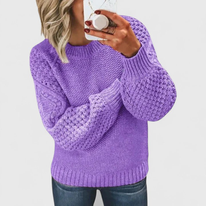 Round Neck Waffle Knit Long Sleeve Ribbed Trim Pullover Sweater