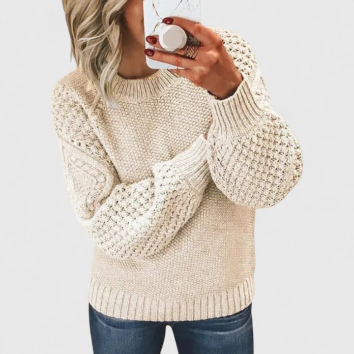 Round Neck Waffle Knit Long Sleeve Ribbed Trim Pullover Sweater