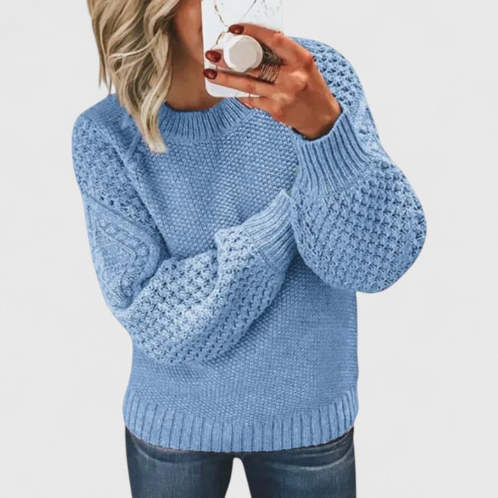 Round Neck Waffle Knit Long Sleeve Ribbed Trim Pullover Sweater
