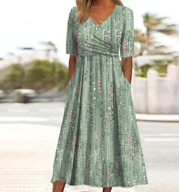 Green V-Neck Short Sleeve Floral Print Ruched Waist A-Line Midi Dress