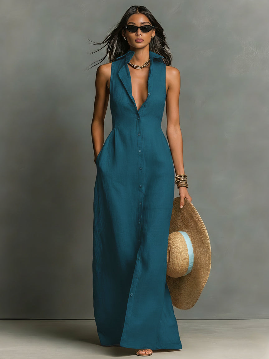 Collared Sleeveless Button Front Linen Maxi Shirt Dress 2