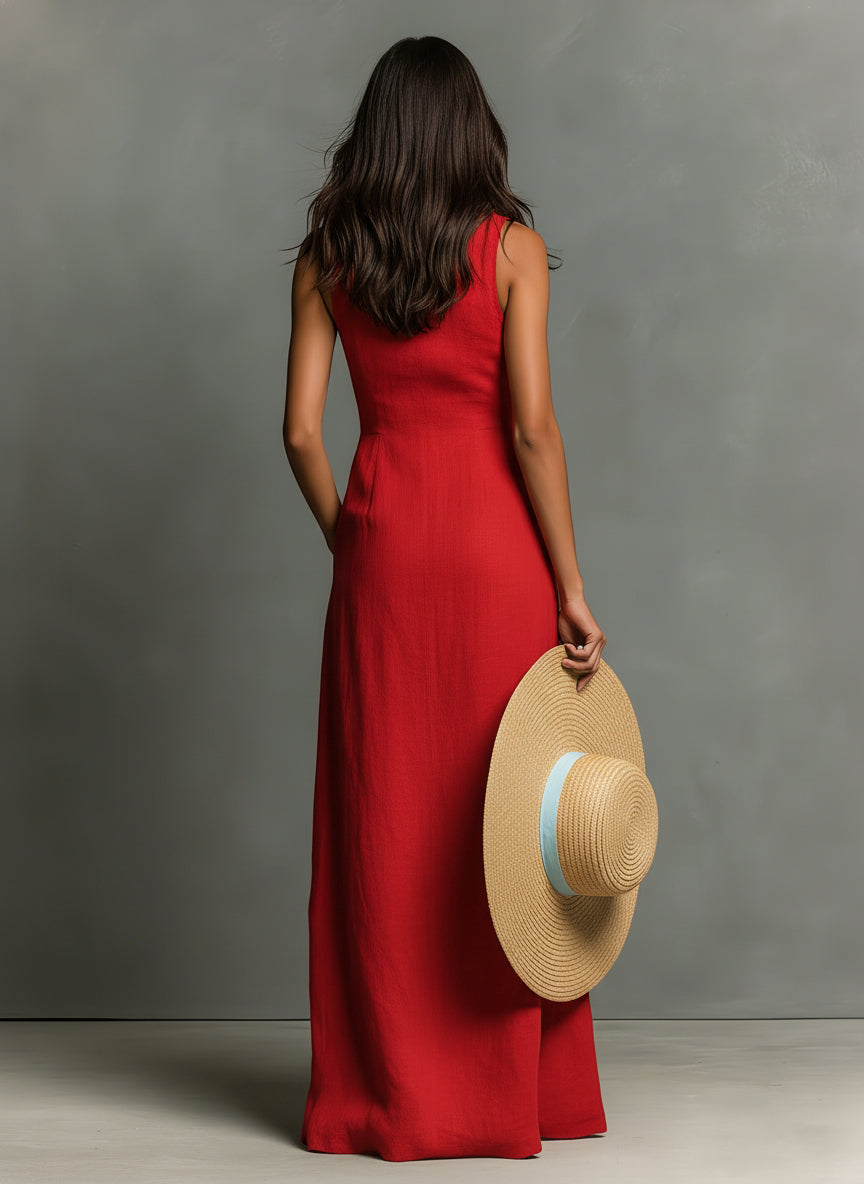 Collared Sleeveless Button Front Linen Maxi Shirt Dress 4