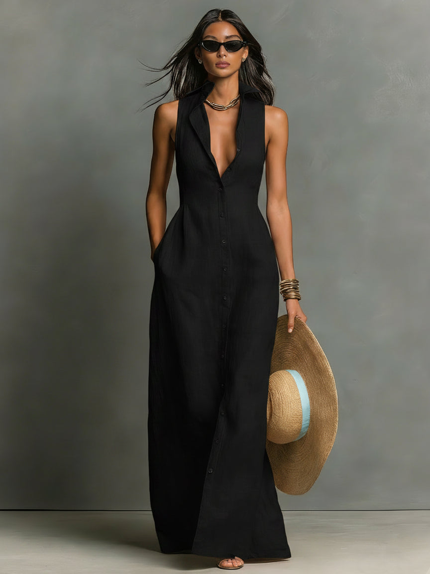 Collared Sleeveless Button Front Linen Maxi Shirt Dress 3