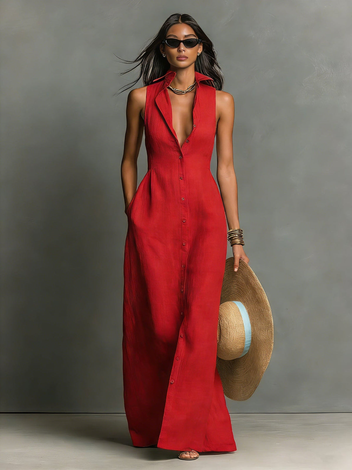 Collared Sleeveless Button Front Linen Maxi Shirt Dress
