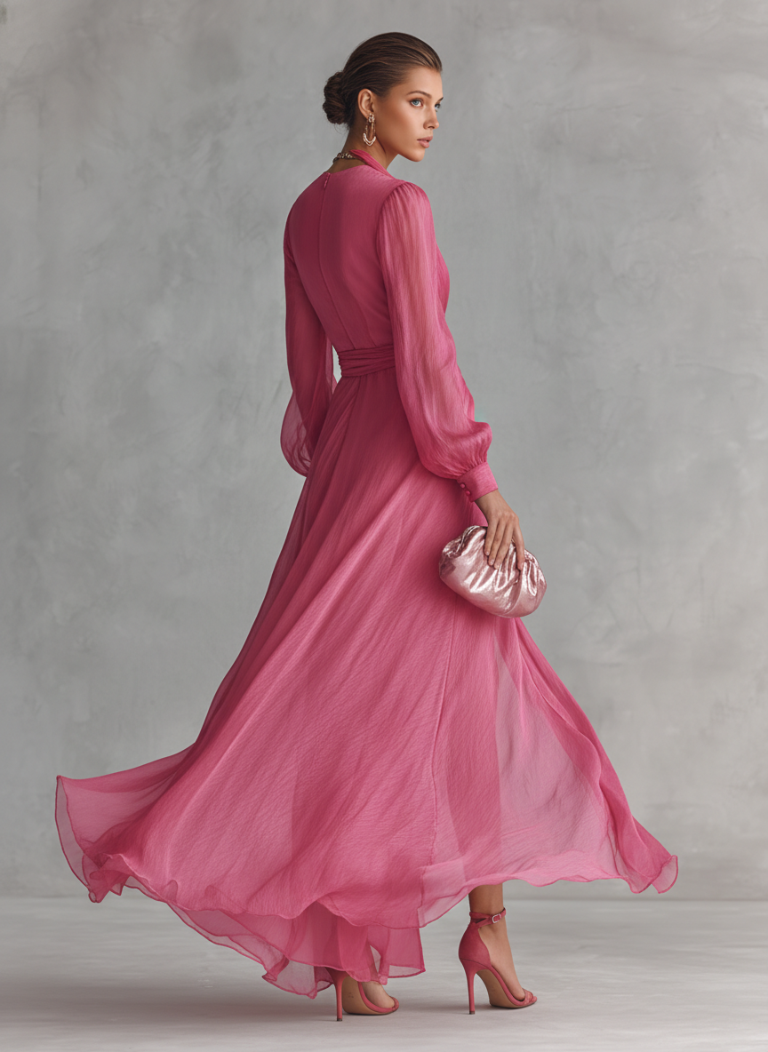 Pink Deep V-Neck Long Sleeve Chiffon Wrap Tie High Slit Maxi Dress 5