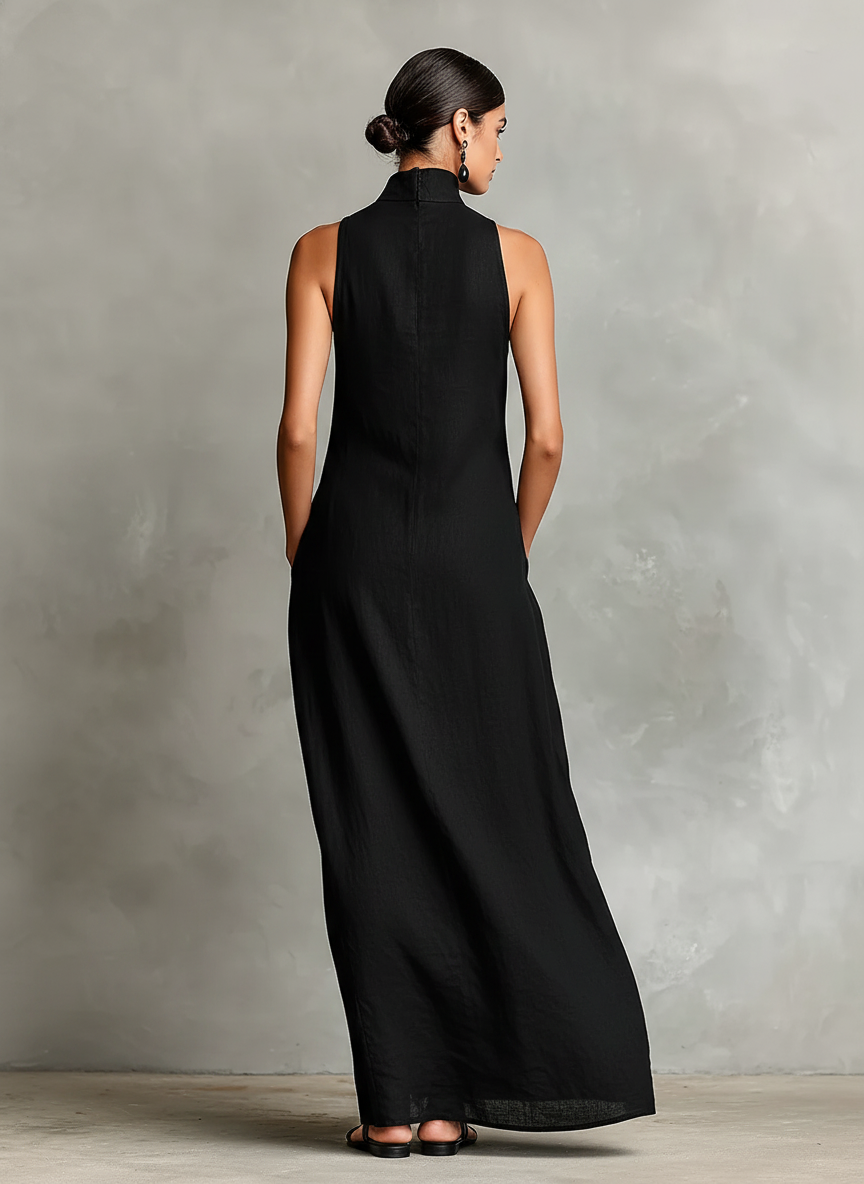 High Neck Sleeveless Pocket Loose Column Maxi Dress 3