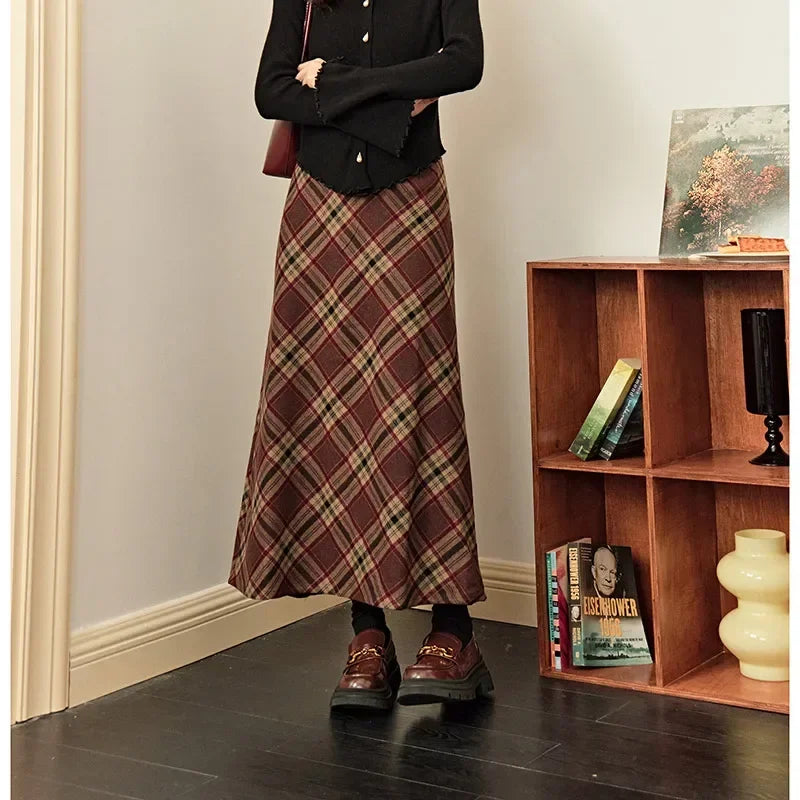 Retro Diamond Wool ALine Autumn Winter High Waist Fashion Casual Skirt
