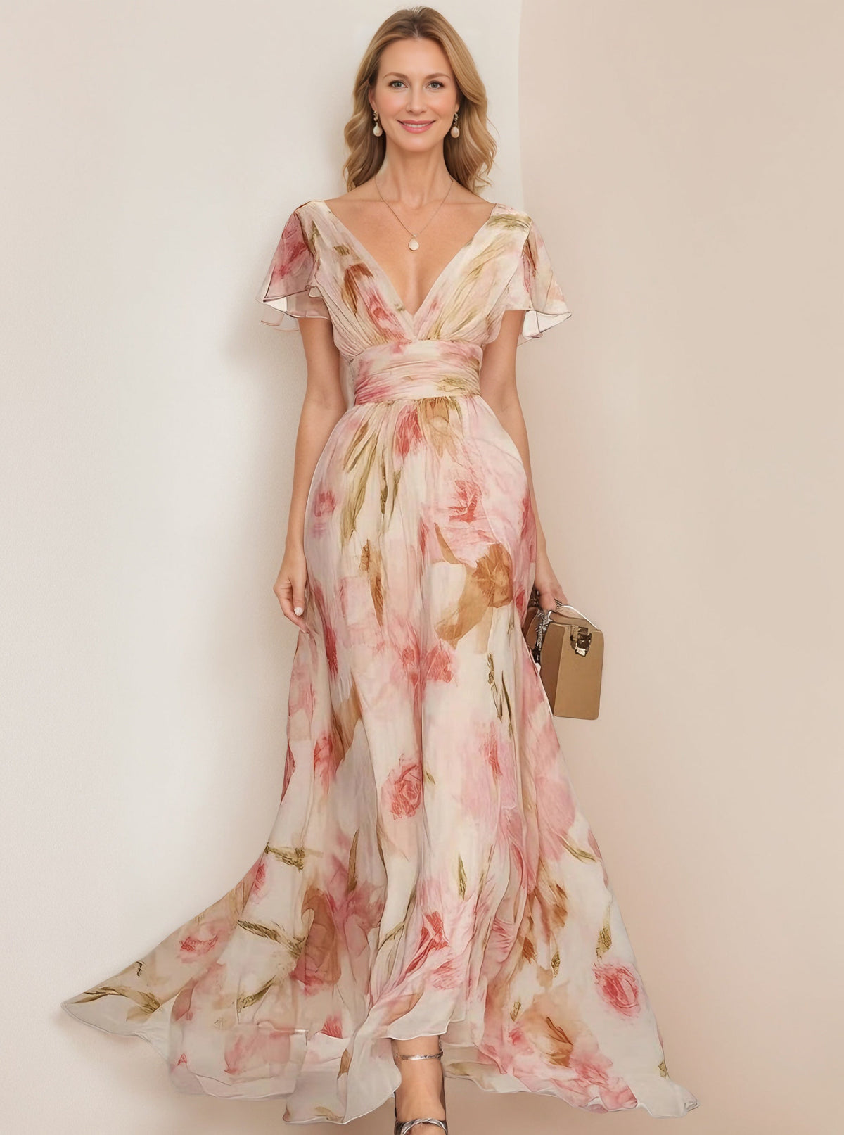 Multicolor V-Neck Flutter Sleeve Floral Chiffon Ruched Waist Flowy Maxi Dress
