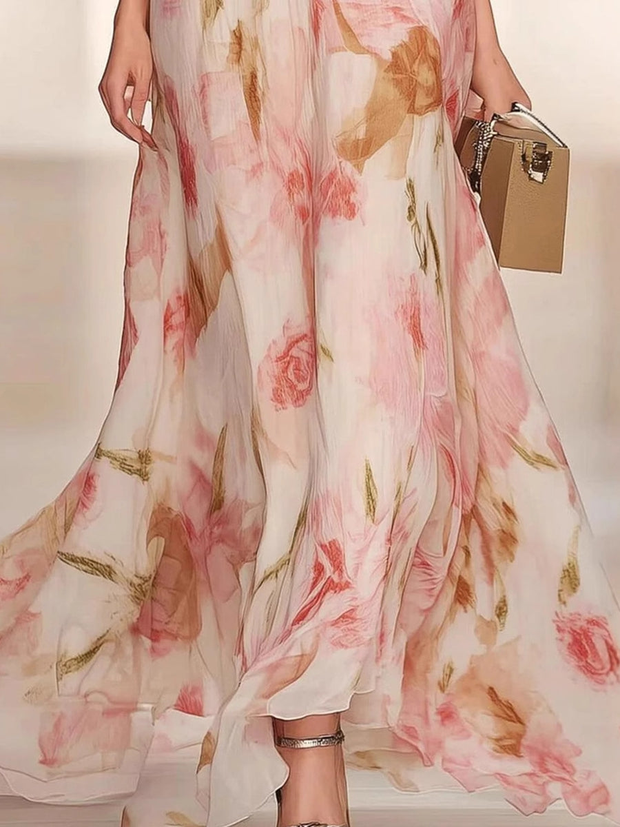 Multicolor V-Neck Flutter Sleeve Floral Chiffon Ruched Waist Flowy Maxi Dress