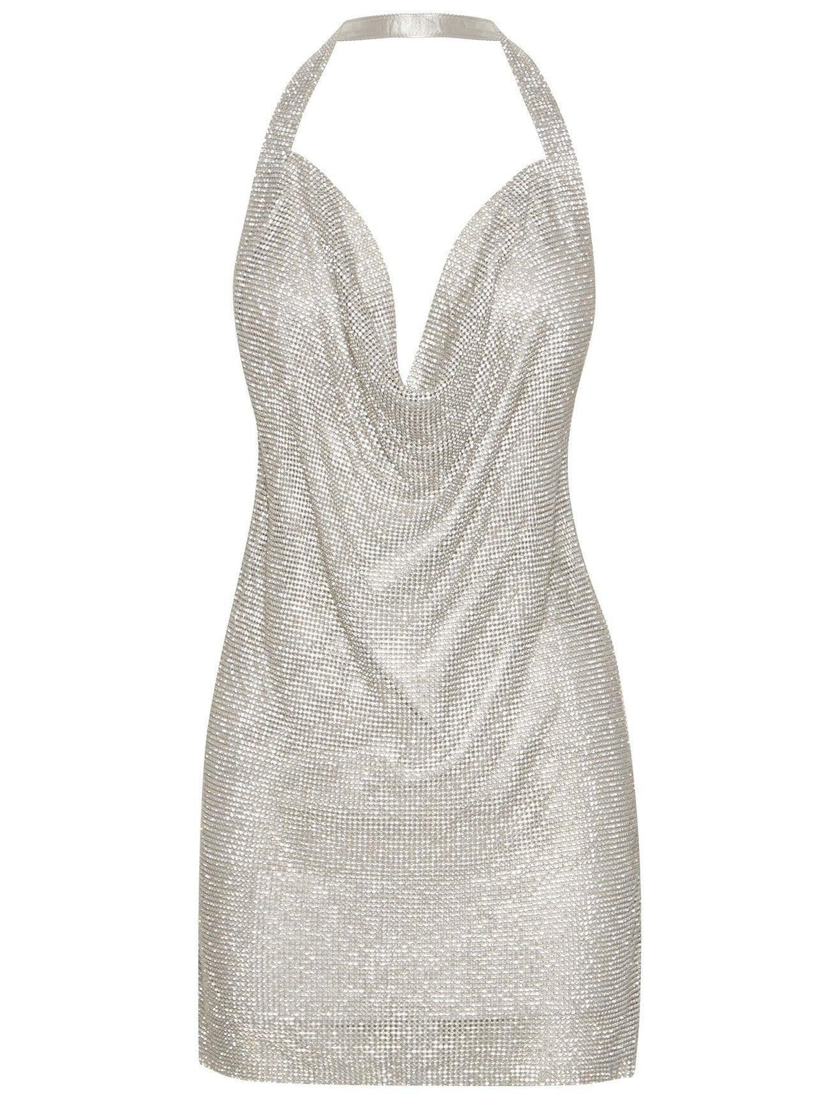 Halter Cowl Neck Rhinestone Mesh Backless Bodycon Mini Dress