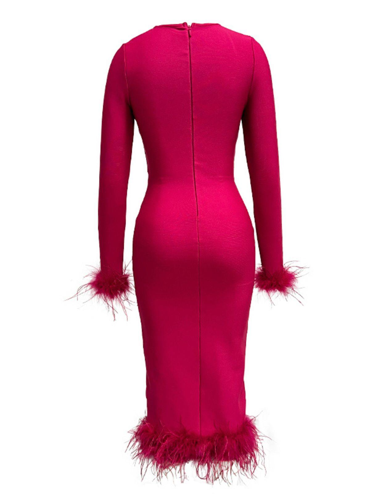 Square Neck Long Sleeve Feather Trim Hem Bodycon Midi Dress