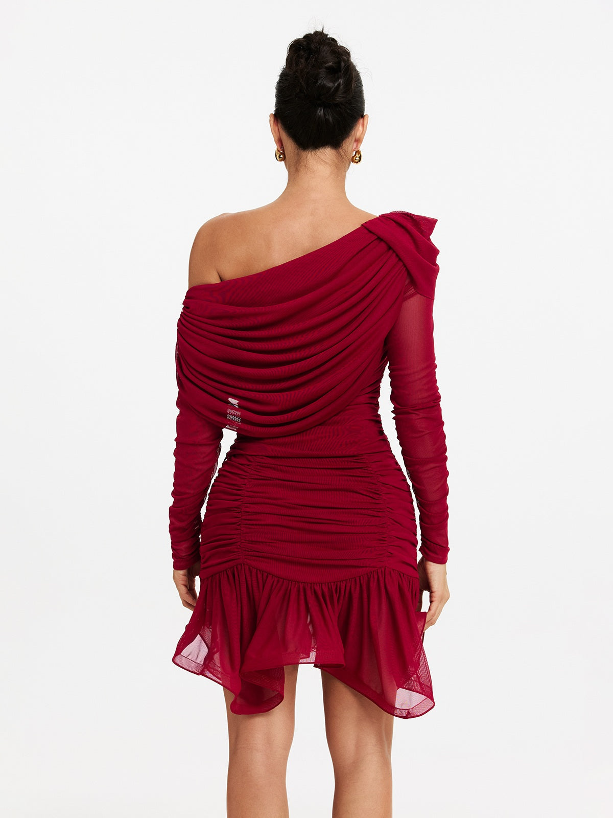 One Shoulder Ruched Ruffle Mini Dress