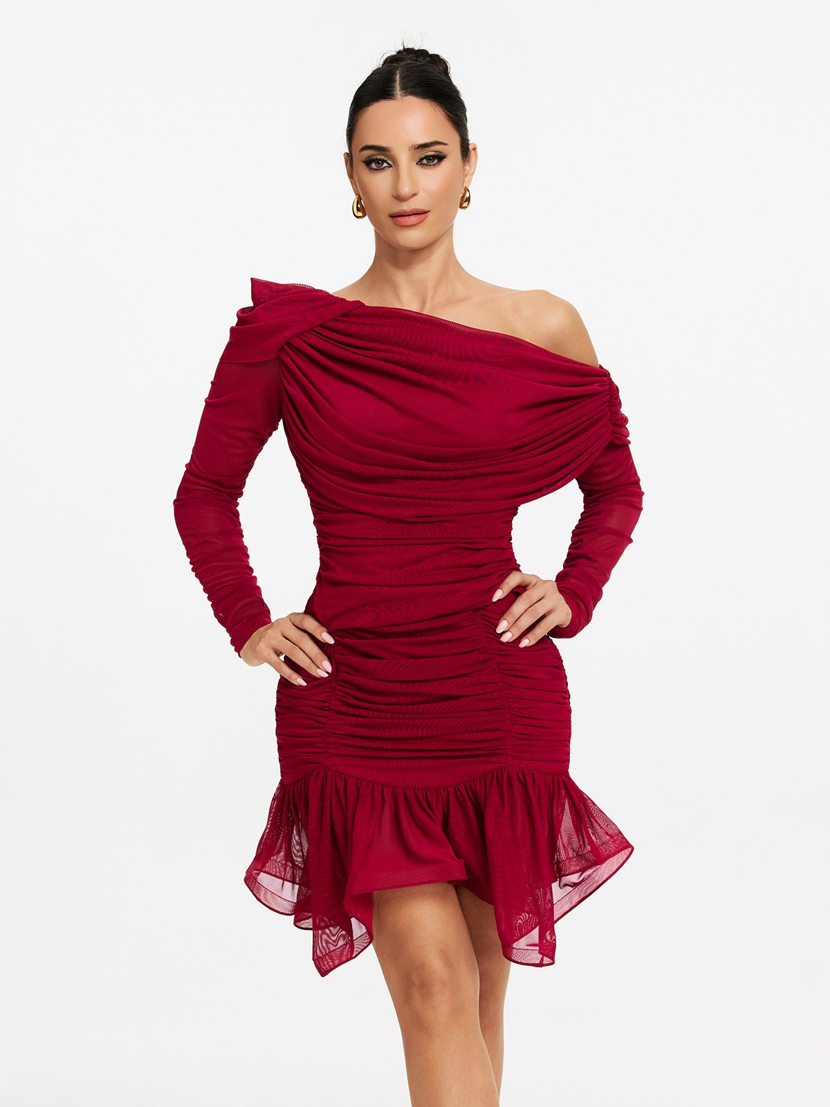 One Shoulder Ruched Ruffle Mini Dress