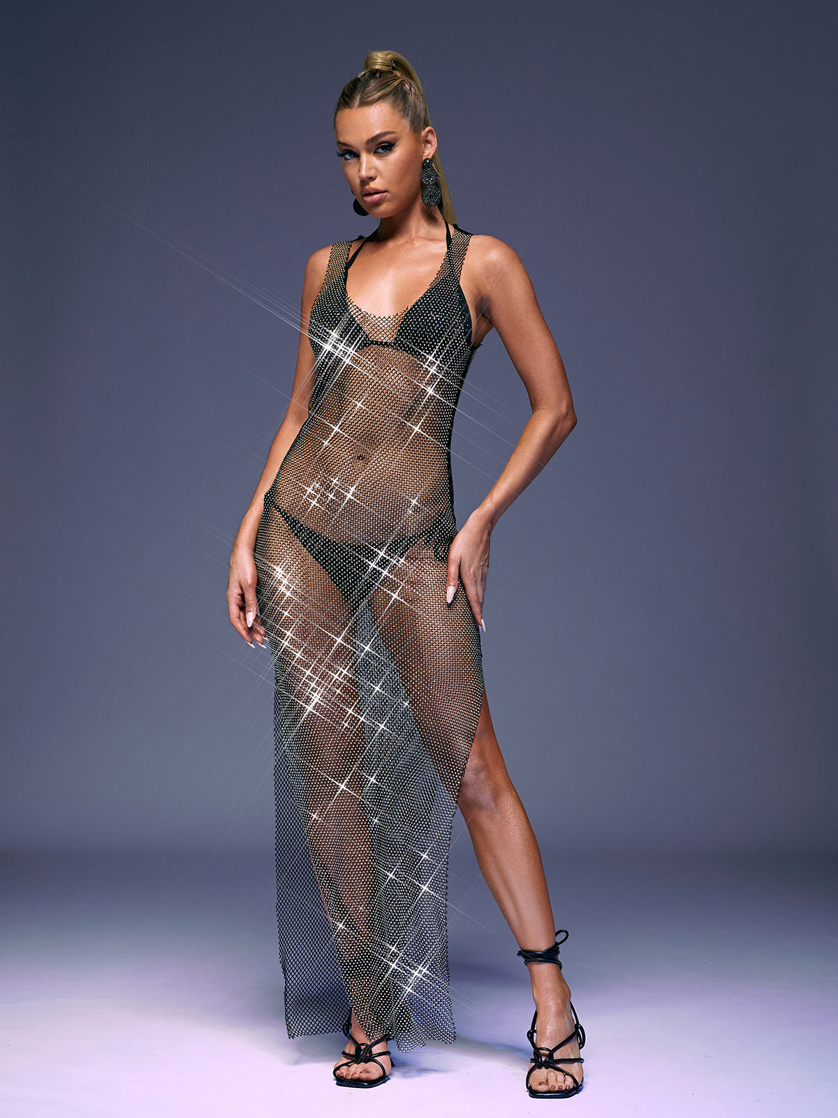 Scoop Neck Rhinestone Fishnet Mesh Sheer High Slit Maxi Dress