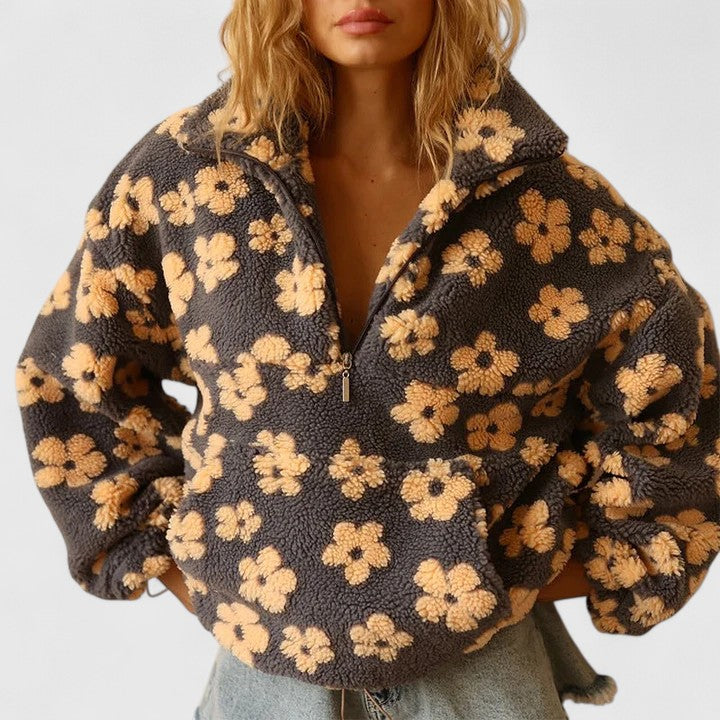 Stand Collar Floral Fleece Quarter-Zip Cropped Sweatshirt