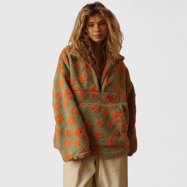Stand Collar Floral Fleece Quarter-Zip Cropped Sweatshirt 3