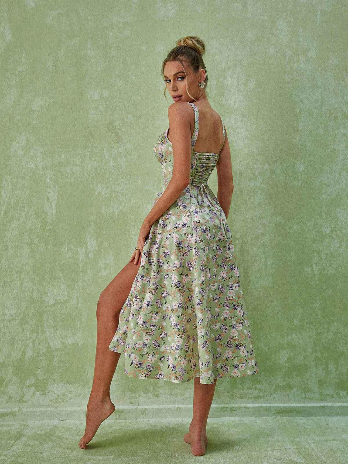 Square Neck Lace Up Floral Print High Slit Midi Dress