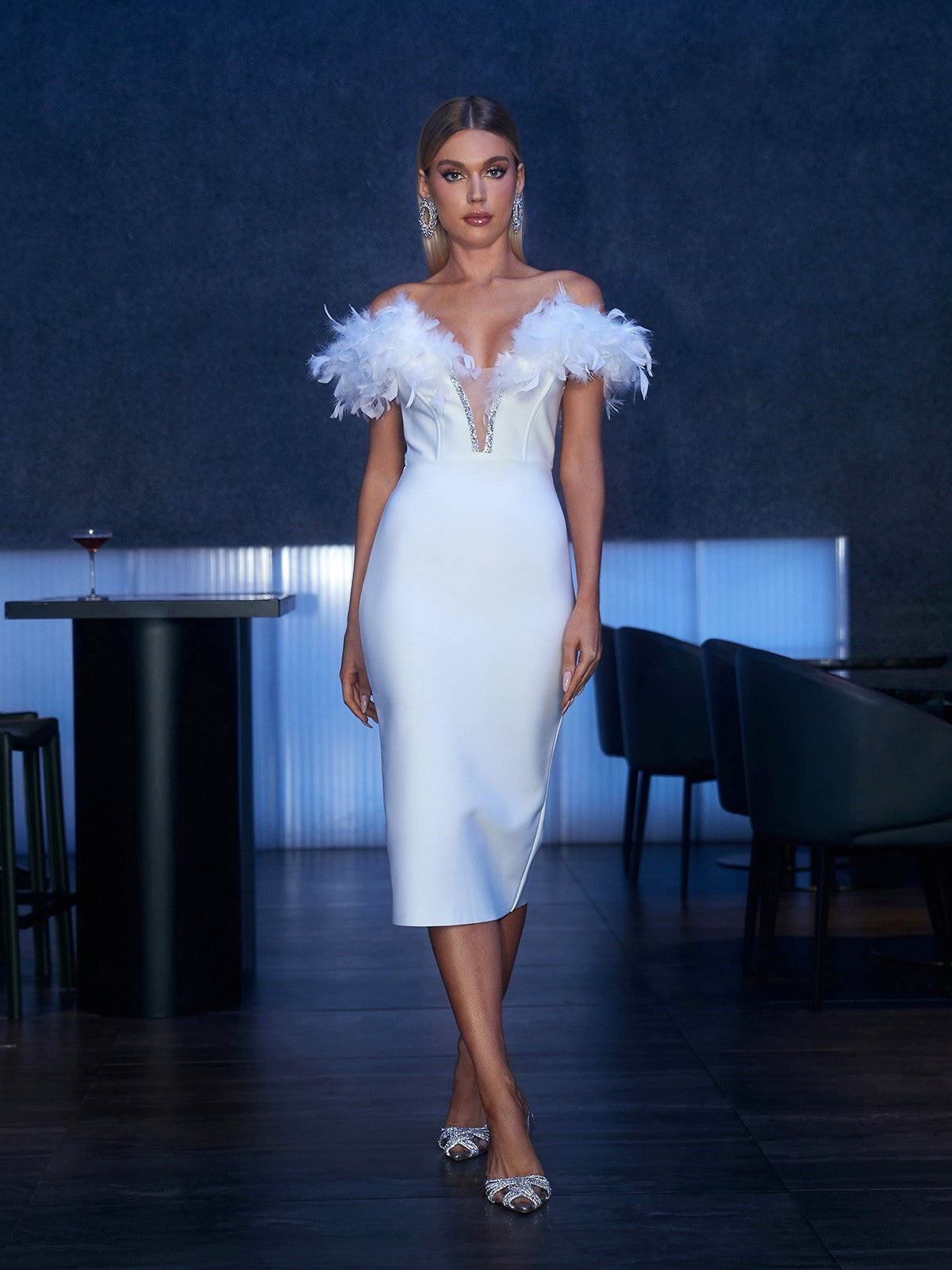 Off-Shoulder Feather Trim Plunge Neck Rhinestone Bodycon Midi Dress