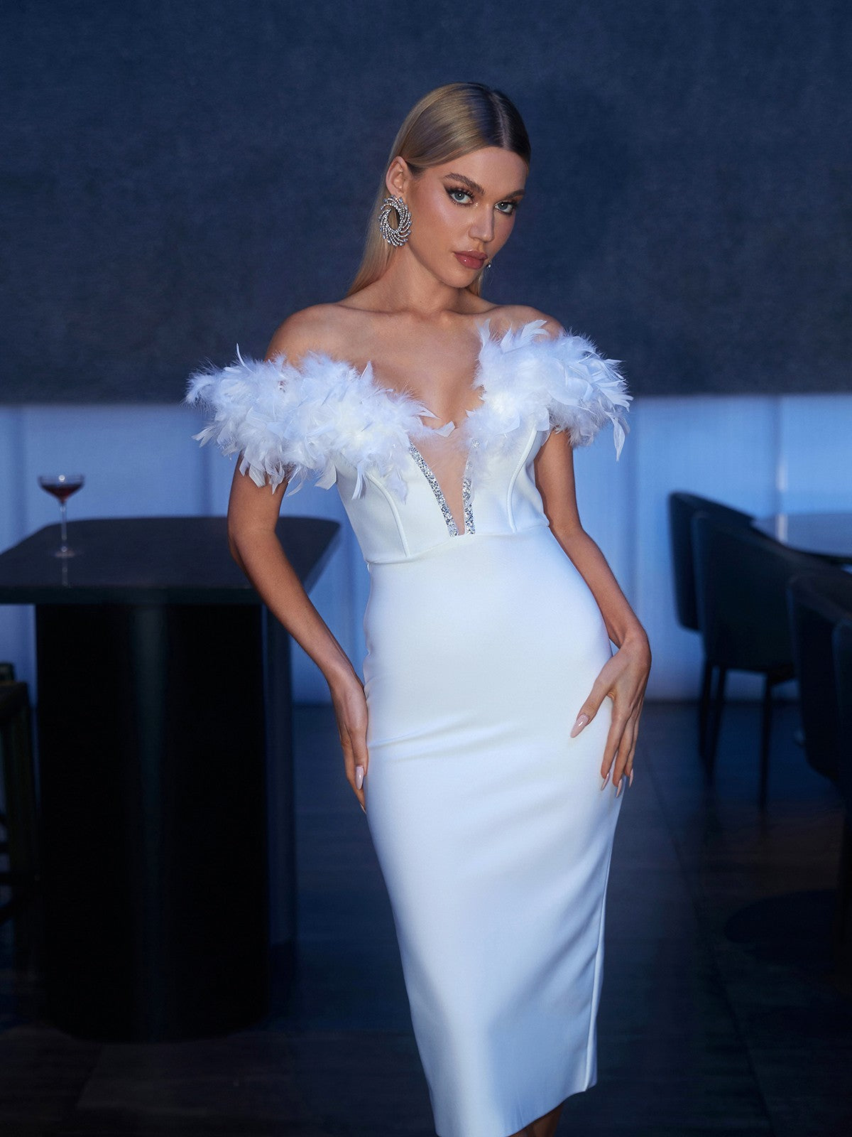 Off-Shoulder Feather Trim Plunge Neck Rhinestone Bodycon Midi Dress