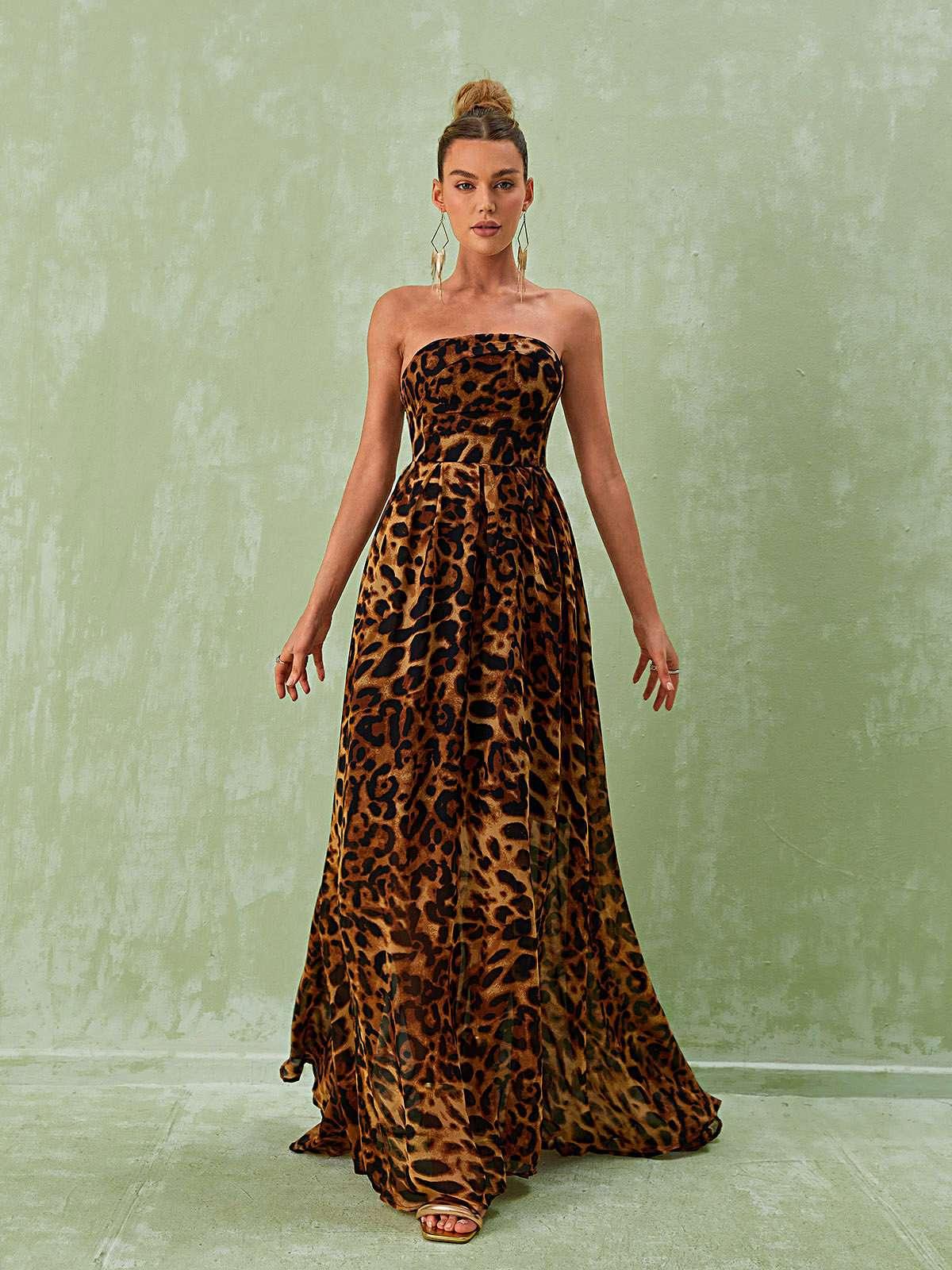 Strapless Leopard Print High Slit Flowy Maxi Dress