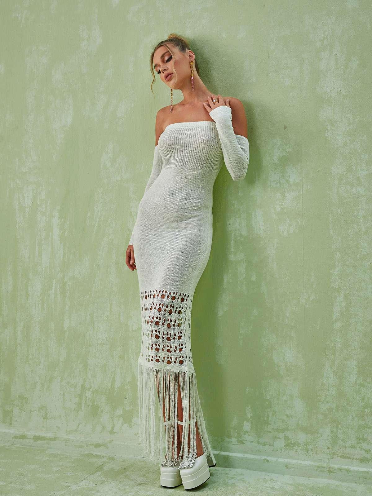 Off-Shoulder Long Sleeve Crochet Knit Fringe Hem Bodycon Maxi Dress