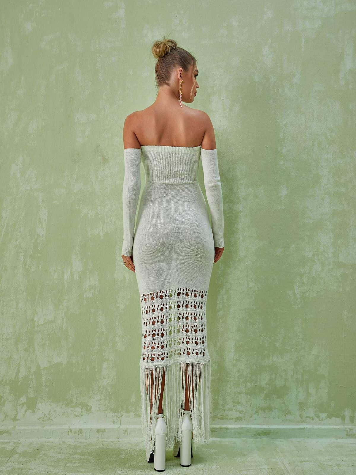 Off-Shoulder Long Sleeve Crochet Knit Fringe Hem Bodycon Maxi Dress