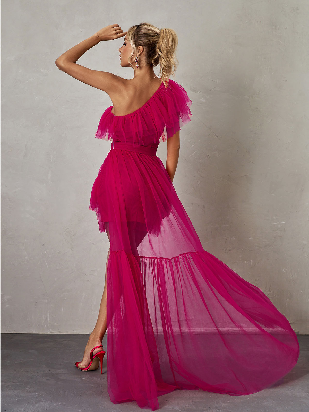 One Shoulder Ruffle Tulle Tiered High-Low Maxi Dress