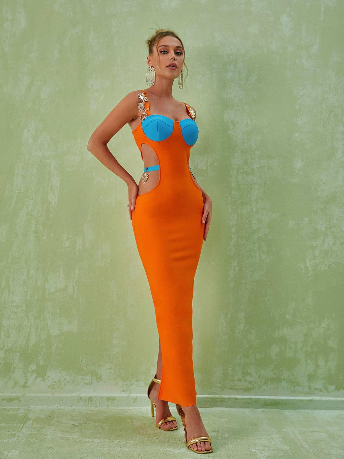 Embellished Strap Contrast Cup Side Cutout Bodycon Maxi Dress