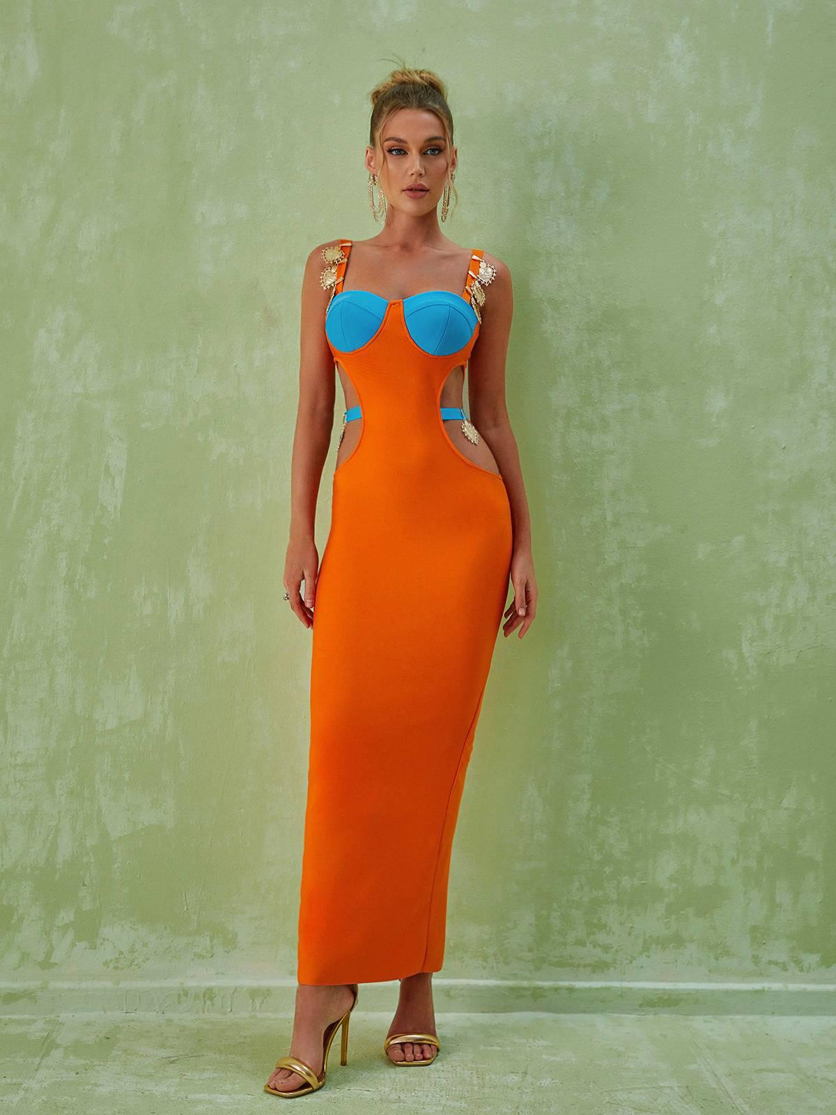 Embellished Strap Contrast Cup Side Cutout Bodycon Maxi Dress