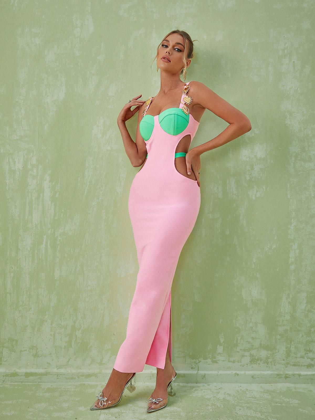 Sweetheart Neck Embellished Strap Contrast Cutout Bodycon Maxi Dress