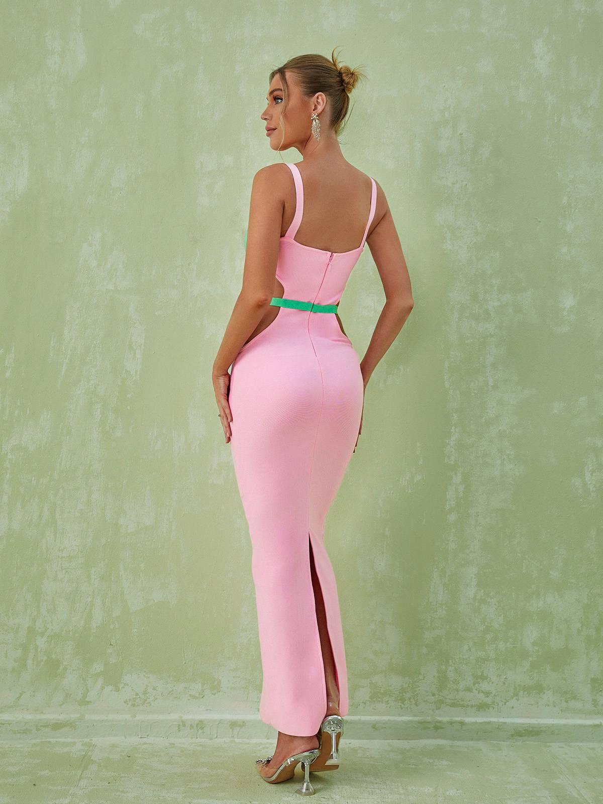 Sweetheart Neck Embellished Strap Contrast Cutout Bodycon Maxi Dress 4