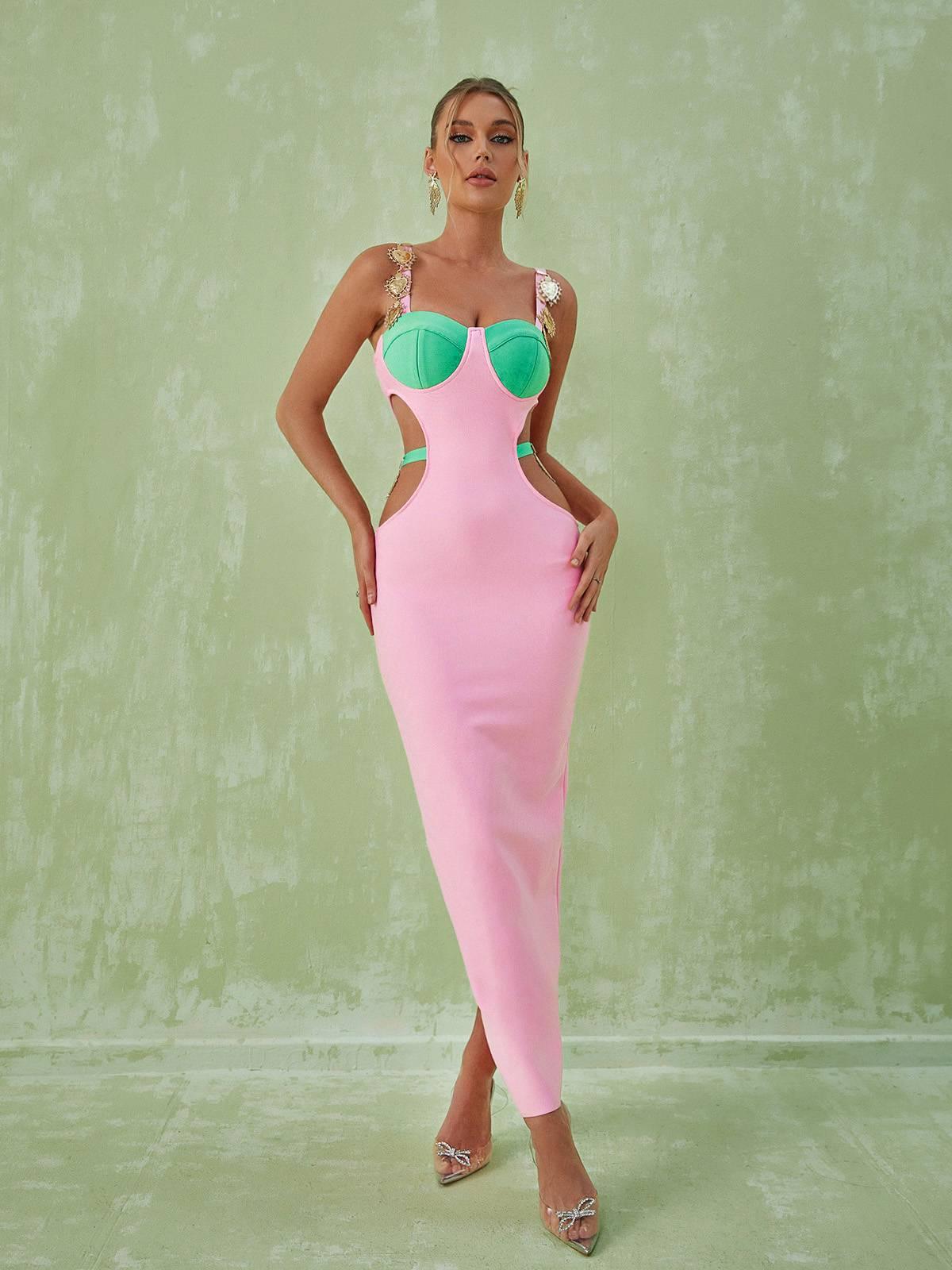 Sweetheart Neck Embellished Strap Contrast Cutout Bodycon Maxi Dress 3