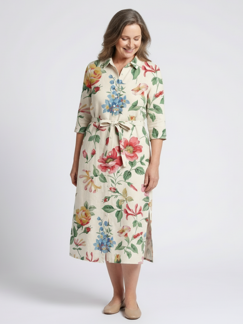 Floral Collared Floral Button Front Tie Waist Half Sleeve Midi Shirt Dress 2