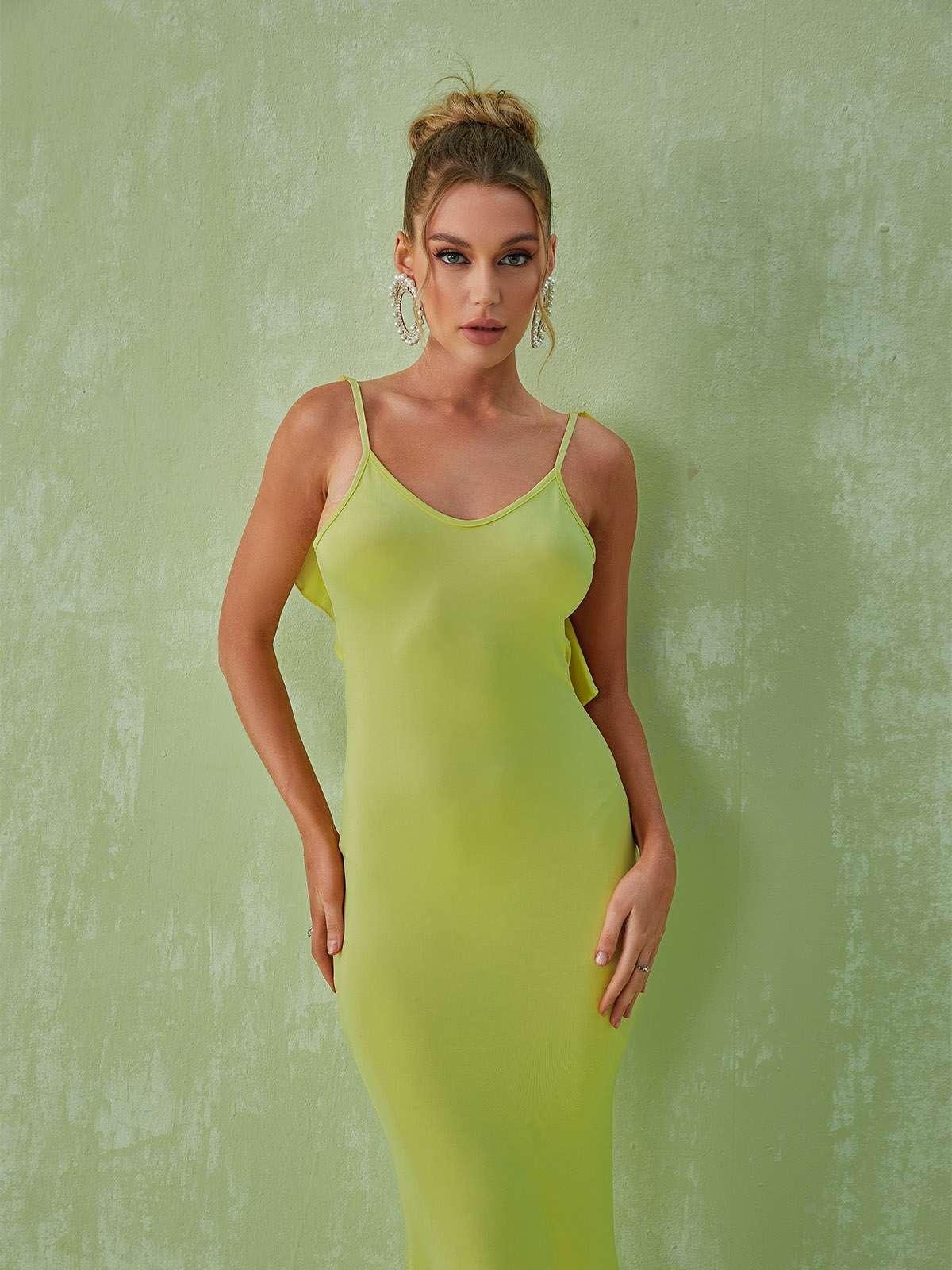 Ruffle Strap Open Back Ruched Bodycon Maxi Gown