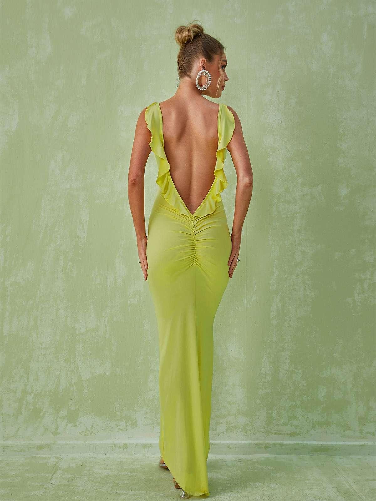 Ruffle Strap Open Back Ruched Bodycon Maxi Gown