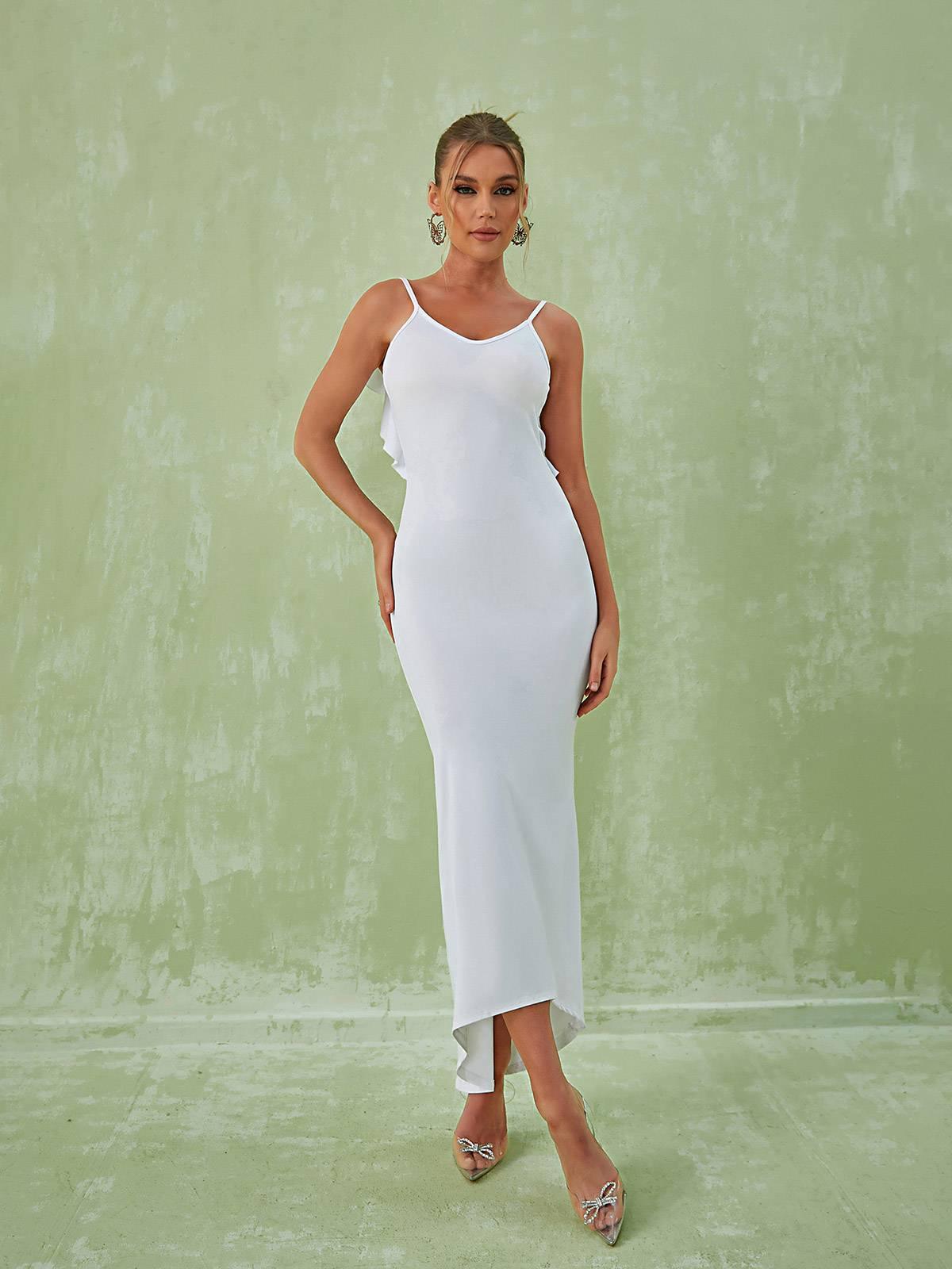 Ruffle Strap Open Back Ruched Mermaid Maxi Dress