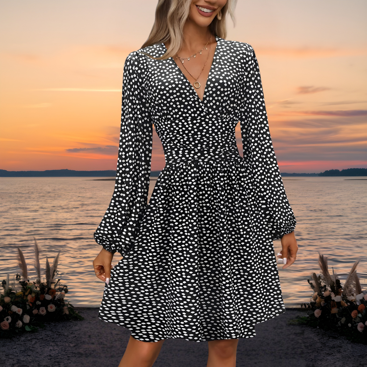 Surplice V-Neck Polka Dot Long Sleeve Fit and Flare Mini Dress