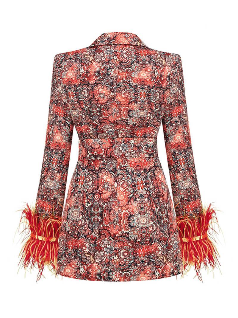 V-Neck Long Sleeve Floral Feather Trim Wrap Mini Dress